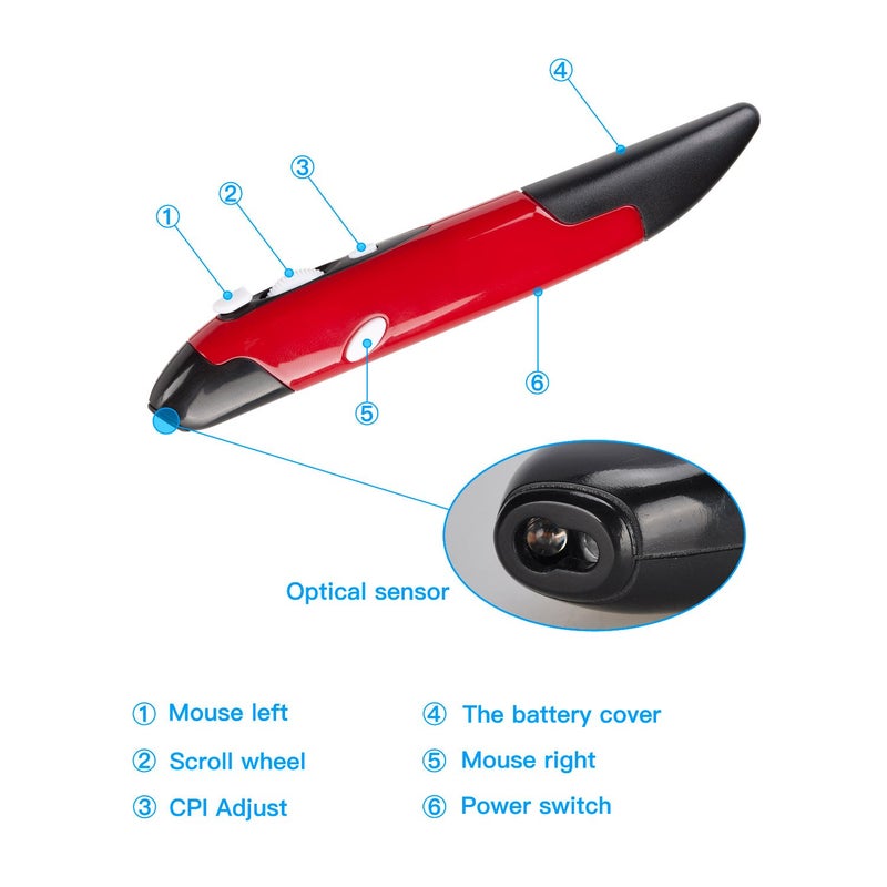lychee Wireless Optical Pocket Pen Mouse, 2.4GHZ USB Wireless Optical Pen Mouse 800/1200/1600 DPI Adjustable Handwriting Mini Mice for PC Laptop Notebook Computer Mac (Red) - Image 4